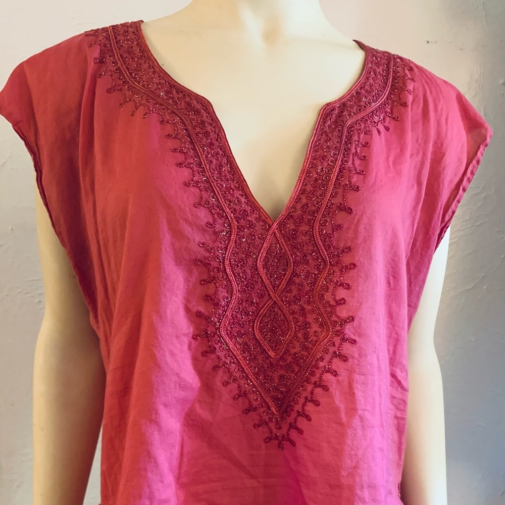 New York & Company Boho Pink Cotton & Gold Shimmer Embroidery Tunic Top sz L
